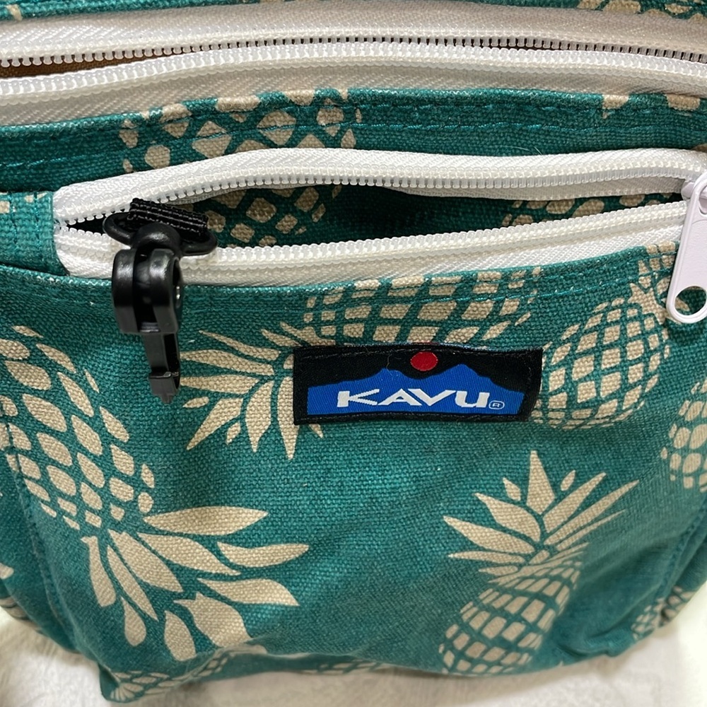 Kavu Keeper Crossbody Rope Bag Cotton Canvas Purse Pineapples Teal Blue & Gray - Picture 13 of 16